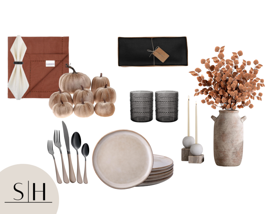 Modern Fall Tablescape for Thanksgiving with black and rust accents